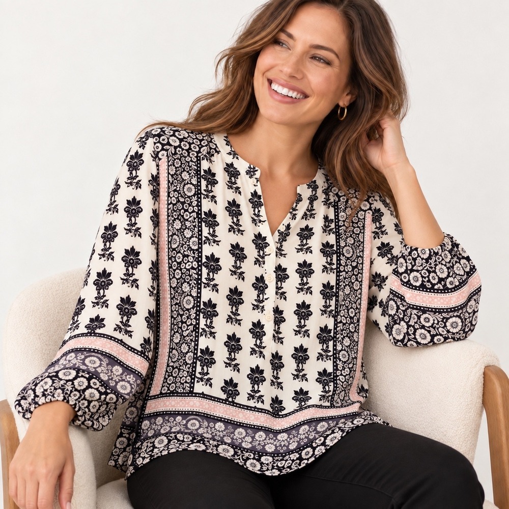 LOFT Softened Shirt Large Black White Floral Henley V-Neck Blouse Boho Fall
